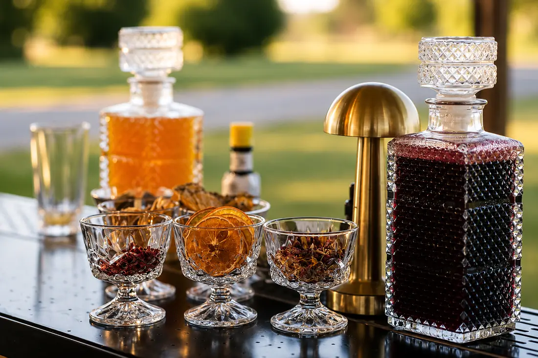 Barra de tragos con licoreras de cristal, copas talladas y frutas deshidratadas